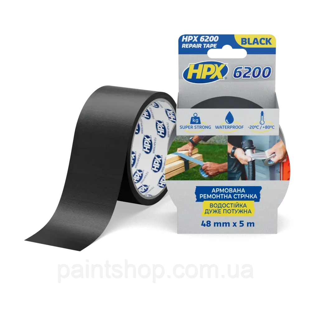 Стрічка армована одностороння HPX 6200 48 мм х 5 м Чорна, фото 1