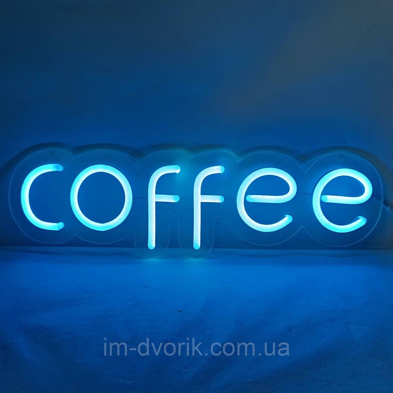 Вивіска Coffee неонова led neon Блакитна 485х140мм з пультом та блоком живлення