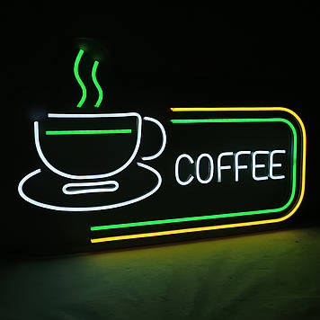 Вивіска Coffee чашка неонова led neon різнобарвна 600х370 мм із пультом