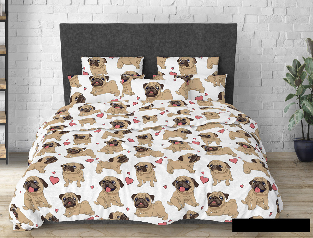 Тканина біла Бязь Gold Lux 70% бавовна з малюнком собачки мопси та сердечка для постільної білизни в рулоні 50 м, Пакистан