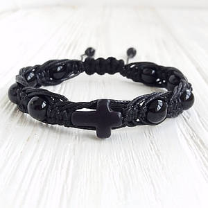 Браслет із Чорного агату з Хрестом плетений d 8мм