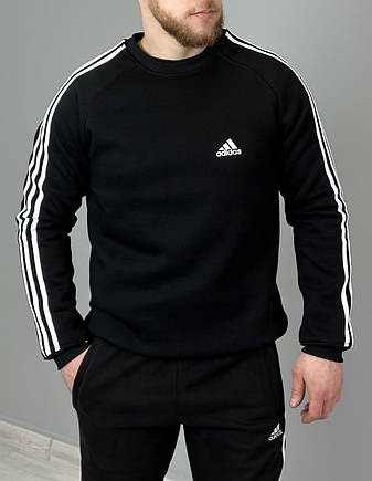 Чоловічий теплий світшот Adidasчорний із білими смужками | Толстовка Адідас чоловічий зимова кофта на флісі, фото 1