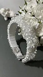 Обруч весільний для нареченої Білий Обруч нареченої ручної роботи Весільний обруч з перлами та кришталем