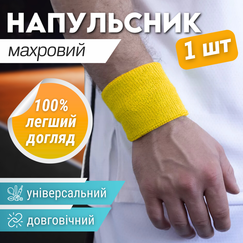 Спортивний напульсник на руку на зап'ястя для тренувань 1 шт бігу махровий Жовтий (BC-2963)