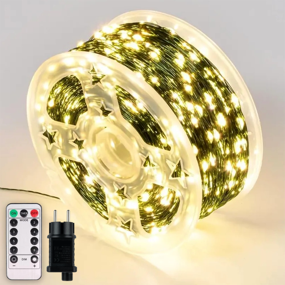 Світлодіодна гірлянда нитка "Роса" 100м з пультом, 1000LED, 220V, зелений провід, 8 режимів, IP44, Теплий білий, фото 1