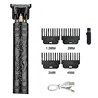 Тример універсальний для стрижки волосся і бороди T9, АКБ 18650, 4 насадки, чорний