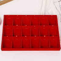 Планшет під прикраси з гачками 3 ряди 18 комірок розмір 35х24х3 см розмір комірки 7х5 см червоний оксамит