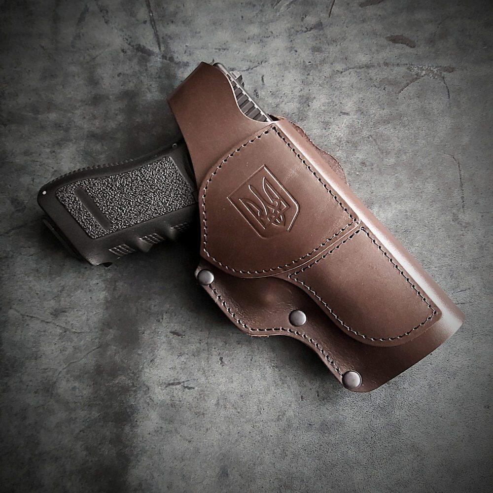 Кобура поясна ARMA для GLOCK 17 з натуральної шкіри КОРИЧНЕВА (з Тризубом)