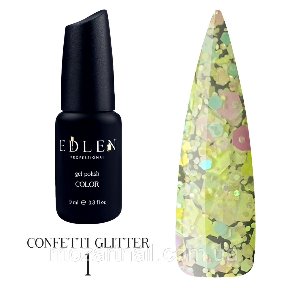 Гель-лак Edlen Professional Confetti Glitter 01 (жовті голографічні блискітки та пластівці), 9ml