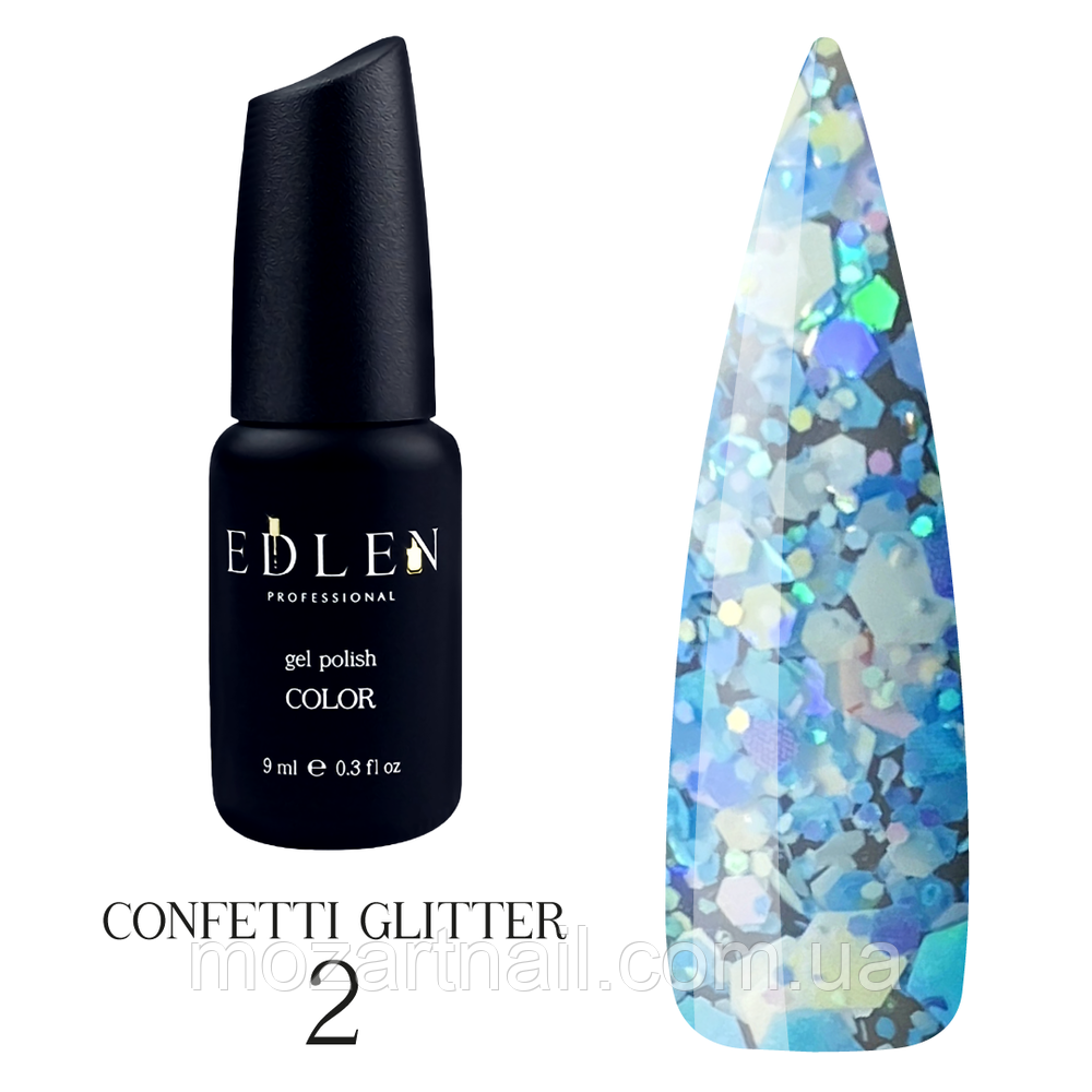 Гель-лак Edlen Professional Confetti Glitter 02 (блакитні голографічні блискітки та пластівці), 9ml