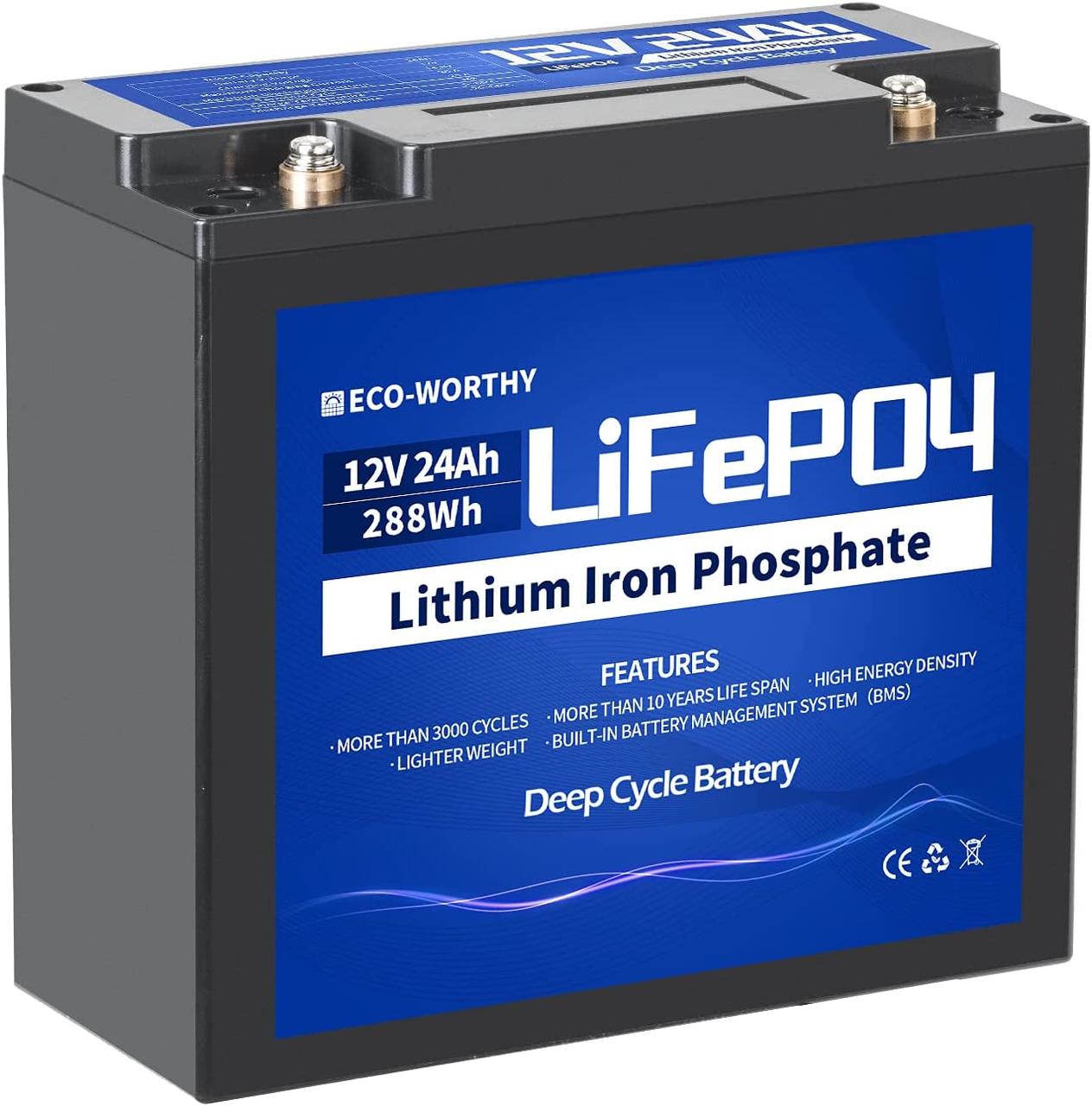 Акумулятор Eco Worthy LiFePO4 12V 24Ah (288Wh) літій залізо фосфатна батарея із вбудованим BMS, 3000+ циклів