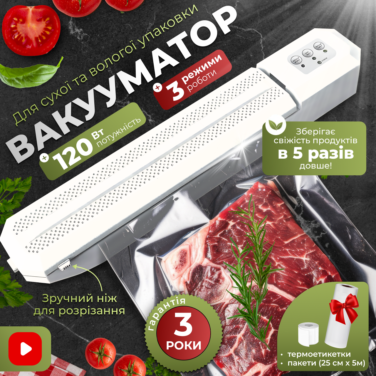Вакууматор для їжі продуктів для вакуумування кухонний для дому 120Вт +термоетикетка +пакети
