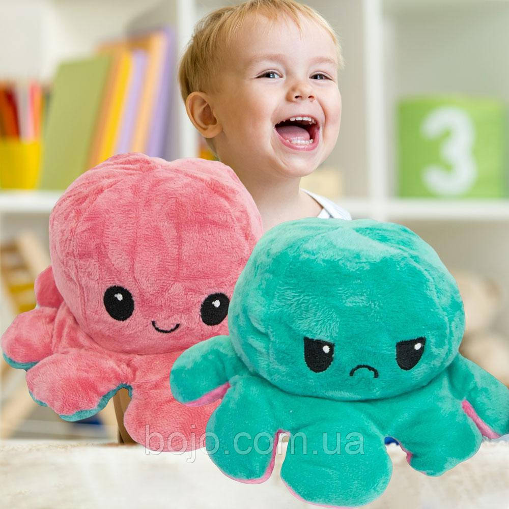 М'яка двостороння іграшка 2в1 восьминіг-перевертень 30 см, Рожевий/Бірюзовий