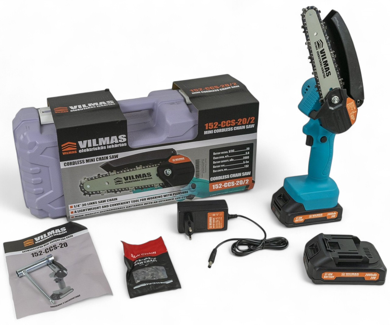 Акумуляторна ланцюгова пилка VILMAS 152-CCS-20/2 (20 V, 2 А/год, 2 акумулятори, шина 15 см. 2 ланцюги)