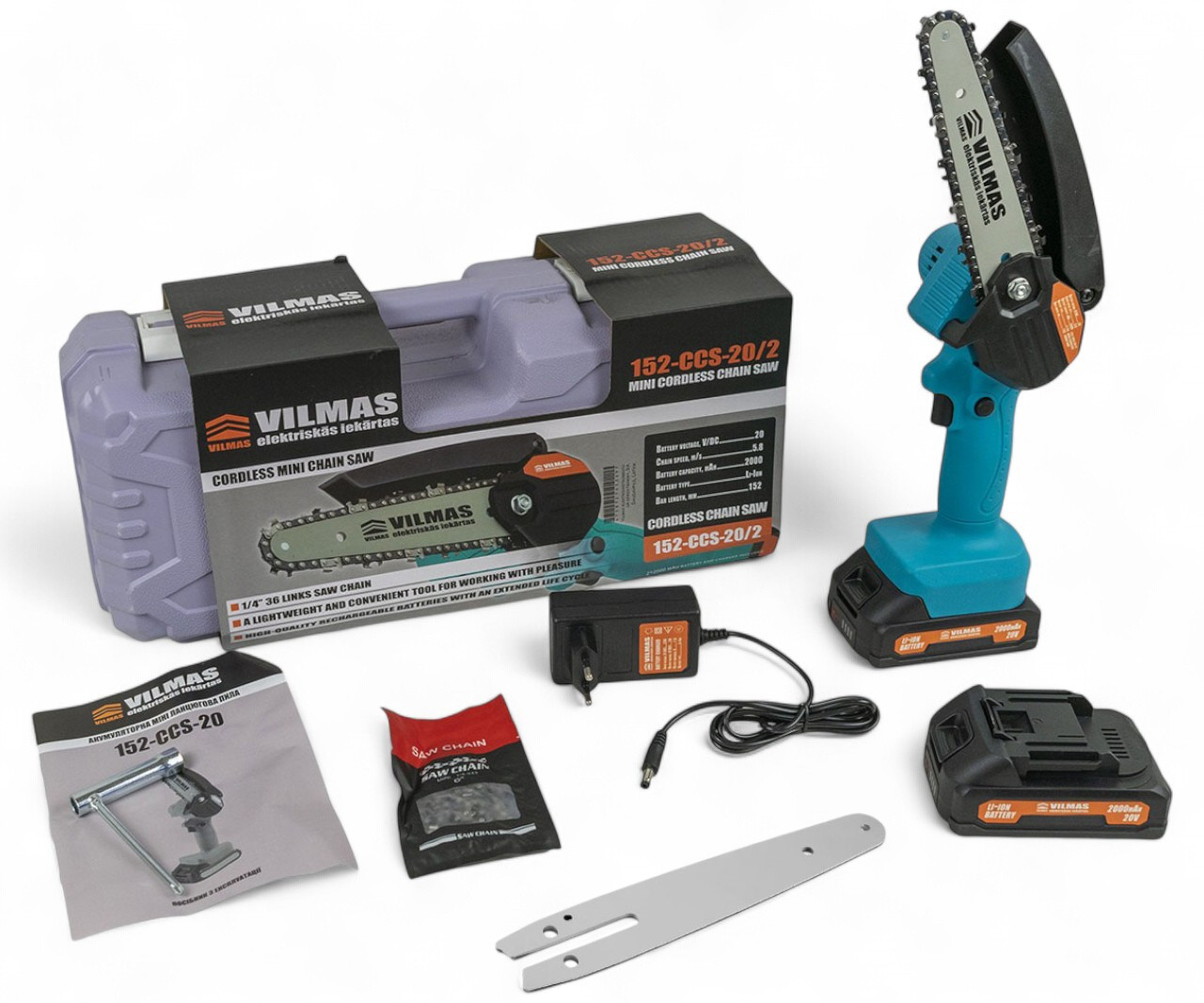 Акумуляторна ланцюгова пилка VILMAS 152-CCS-20/2 (20 V, 2 А/год, 2 акумулятори, 2 шини 15 см. 2 ланцюги)