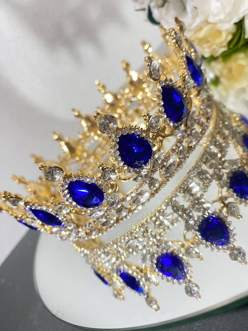 Корона з синім камінням Swarovski Золото 12.5х5.5 см Красива корона для фотосесії Корона для торта, фото 1