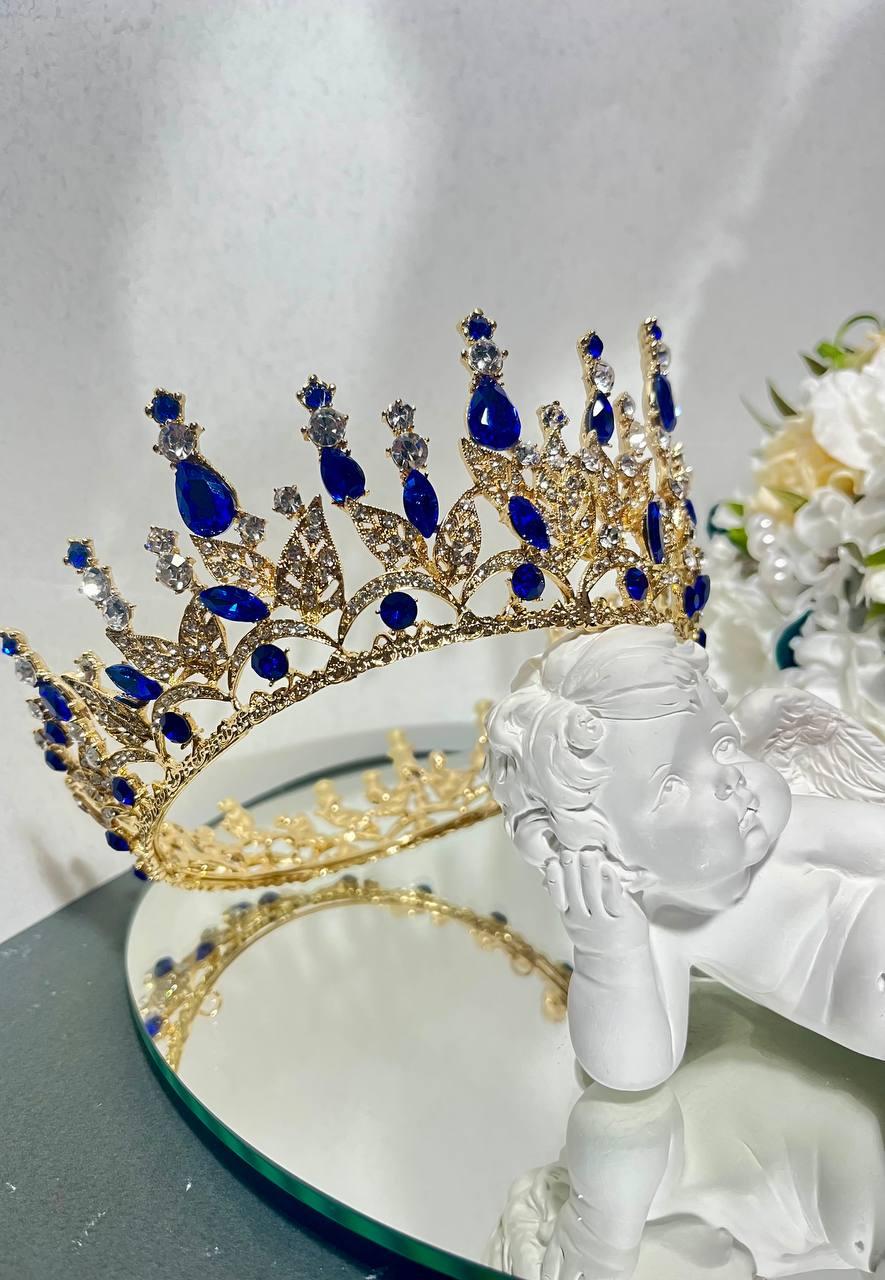 Корона з синім камінням Swarovski Золото 12.5х7.5 см Корона для нареченої з кристалами Весільна діадема, фото 1