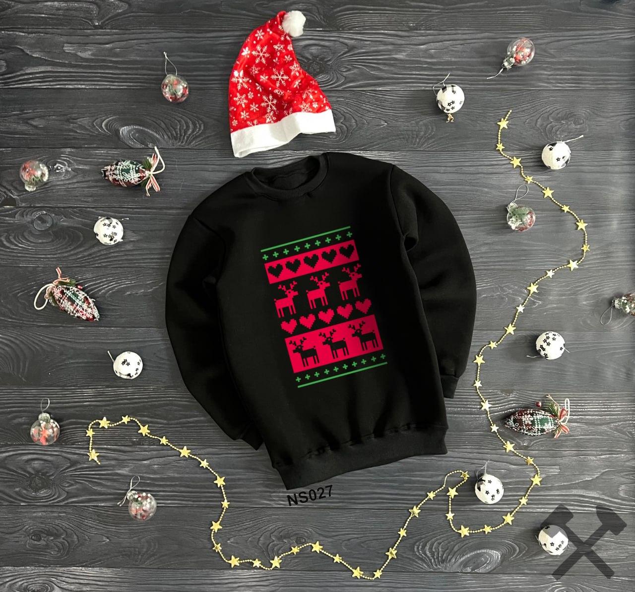 Світшот новорічний теплий з начосом кофта чоловіча жіноча зимова Lovely oleni чорна, фото 1