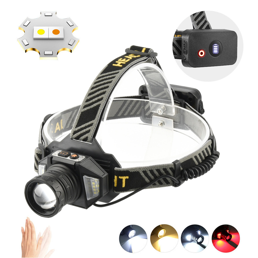 Потужний налобний ліхтар GT503A-2TG (холодне та тепле світло) + SMD (білий + червоний), датчик руху