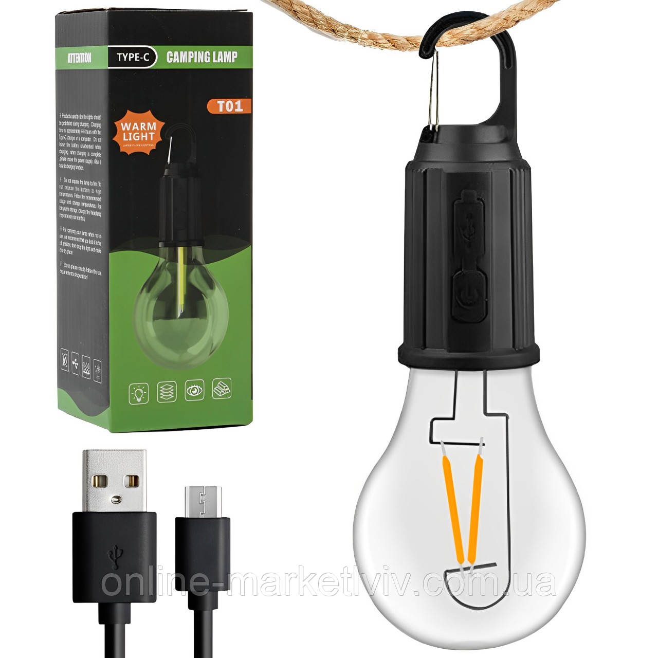Акумуляторна лампочка з карабіном, від USB, BL-T01 / Підвісна лампочка з акумулятором / Лампа для кемпінгу