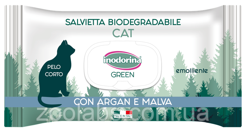 Серветки для котів з короткою шерстю з органовою олією та мальвою | Inodorina Green Con Argan e Malva 30 шт, фото 1