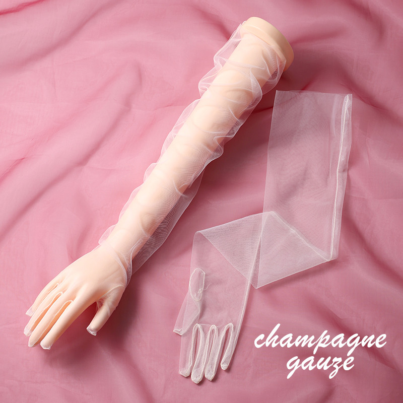Весільні довгі рукавички із сітки. Шампань, фото 1