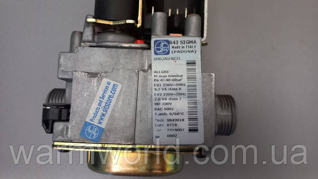 843 Sigma Made in Italy Padova 0063AS4831  AllGas Pi max 60mbar Po 4/40 mbar EV1 230V 50Hz 9.2 VA Class B EV2 230V 50Hz 2.8 VA class J MD 230V RAC 50Hz T. amb. 0/60°C Code 0843018 Date 0719 Lot 2719007 Nr 0002