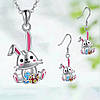 Комплект прикрас жіночий або для дівчинки ланцюжок з кулоном і сережки у вигляді зайчика з пасхалкою сріблястий, фото 2