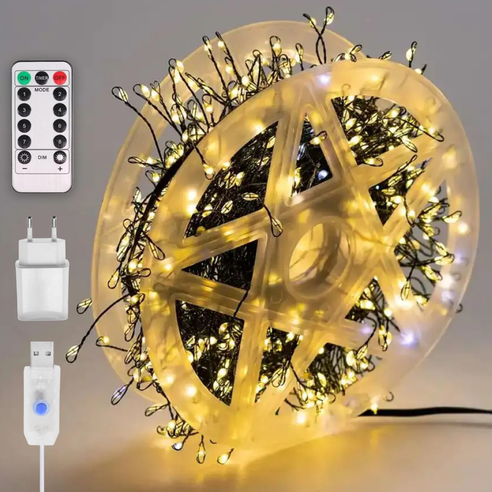 Світлодіодна гірлянда мішура "Роса", 40м, з пультом, 1200 LED, від USB та мережі 220V, 8 режимів, Теплий білий