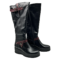 Чоботи шкіряні жіночі зимові на танкетці чорного кольору зі вставками бордового кольору "Style Shoes", фото 2