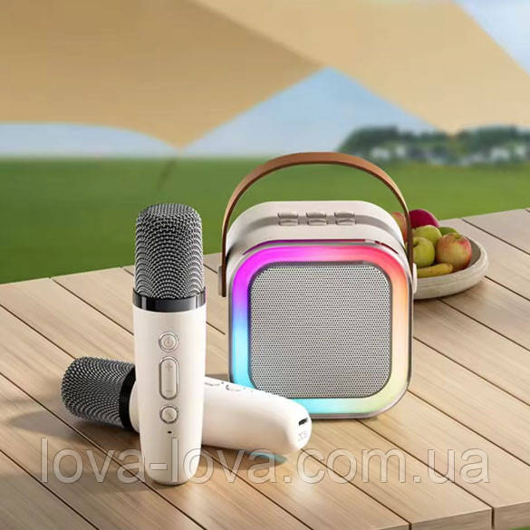 Портативна Bluetooth колонка 2в1 з RGB-підсвіткою K12 колонка-караоке з двома мікрофонами Beige