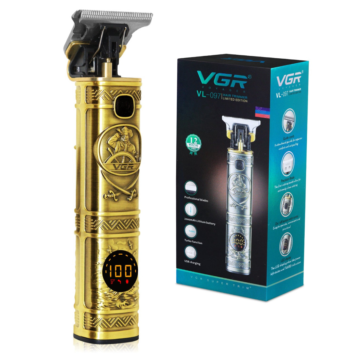 Машинка для стрижки волосся та бороди VGR V-097 silver, Professional, 4 насадки