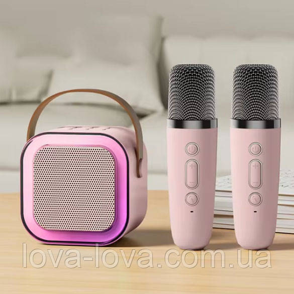 Портативна Bluetooth колонка 2в1 з RGB-підсвіткою K12 колонка-караоке з двома мікрофонами Pink