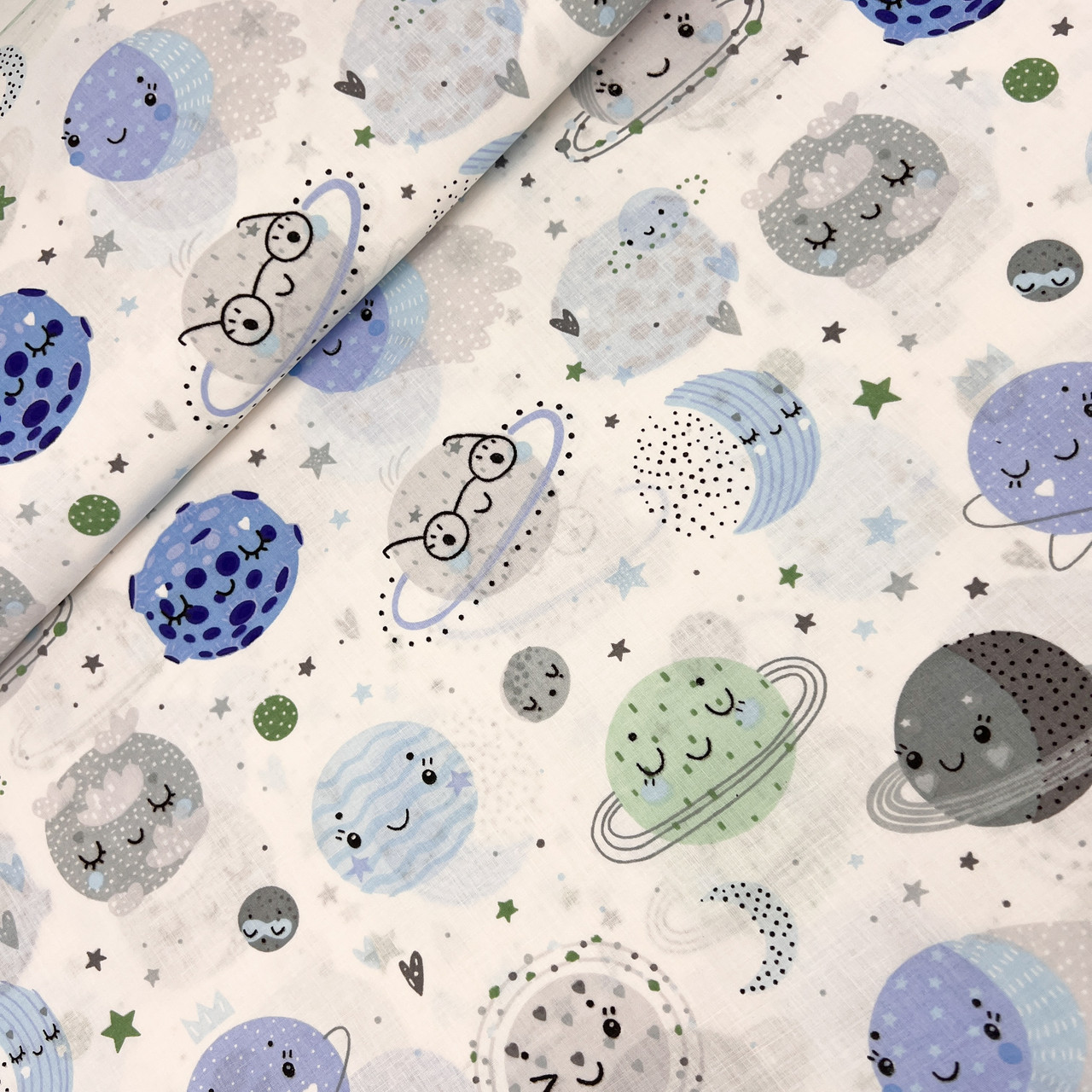 Польська бязь "планети сині, сірі на білому" 160 см, фото 1