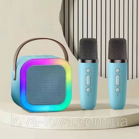 Портативна Bluetooth колонка 2в1 з RGB-підсвіткою K12 колонка-караоке з двома мікрофонами Blue