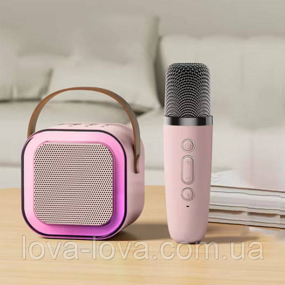 Портативна Bluetooth колонка 2в1 з RGB-підсвіткою K12 колонка-караоке з мікрофоном Pink