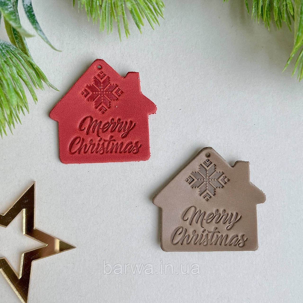 Шкіряна бірка пришивна  41 Х 38 мм  MERRY CHRISTMAS