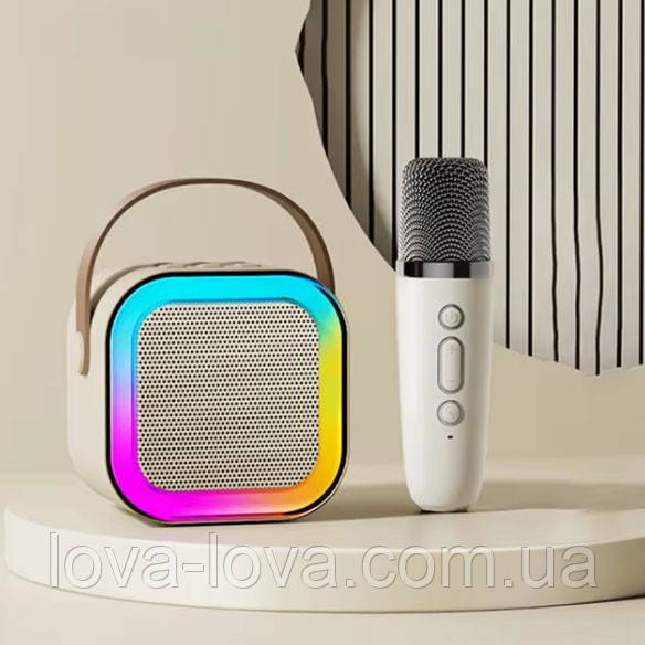Портативна Bluetooth колонка 2в1 з RGB-підсвіткою K12 колонка-караоке з мікрофоном Бежева