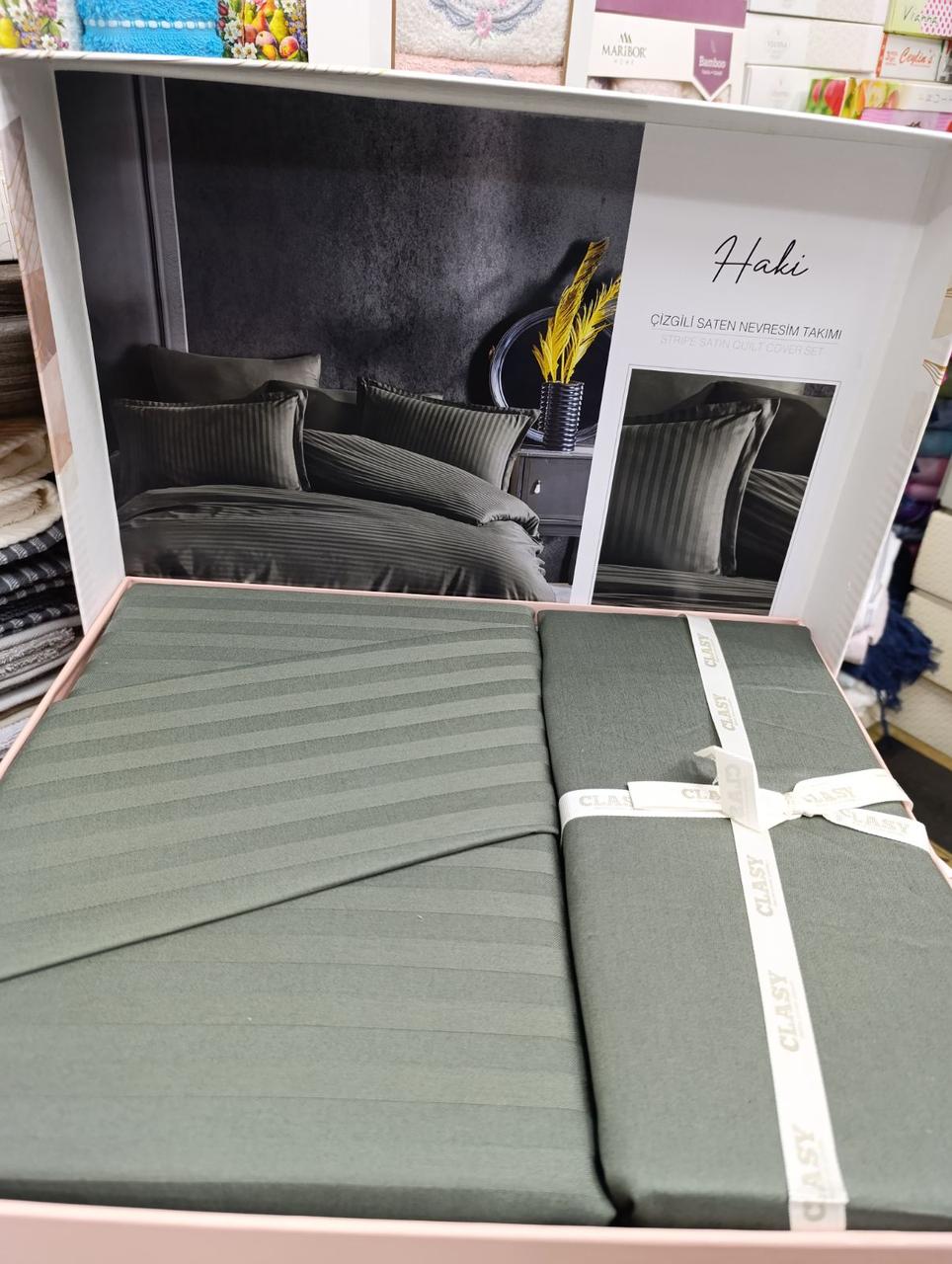 Набір постільної білизни сатин страйп 200 на 220 см Clasy хакі, фото 1