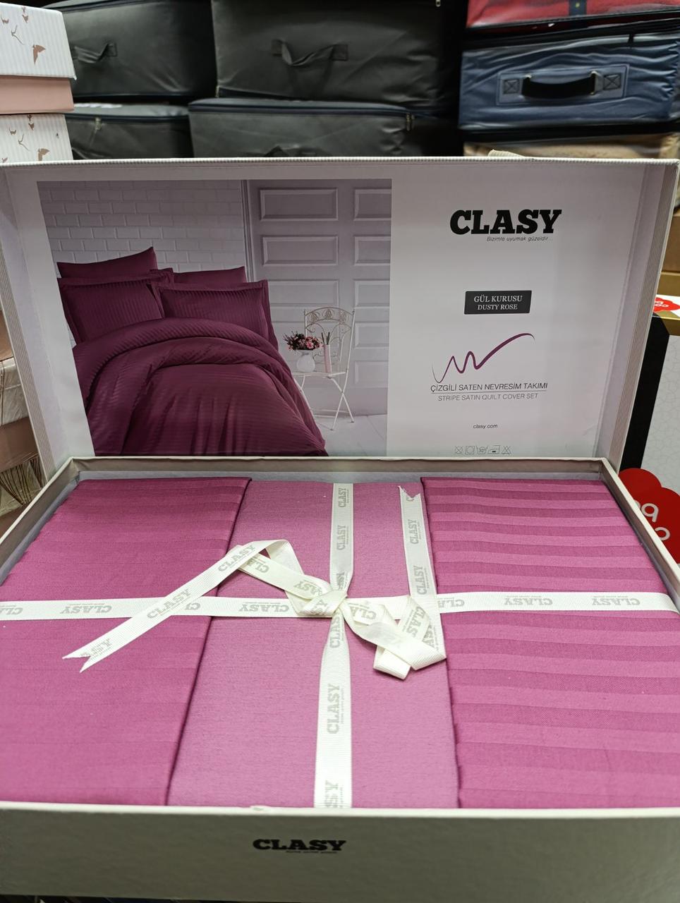 Набір постільної білизни сатин страйп 200 на 220 см Clasy фуксія, фото 1