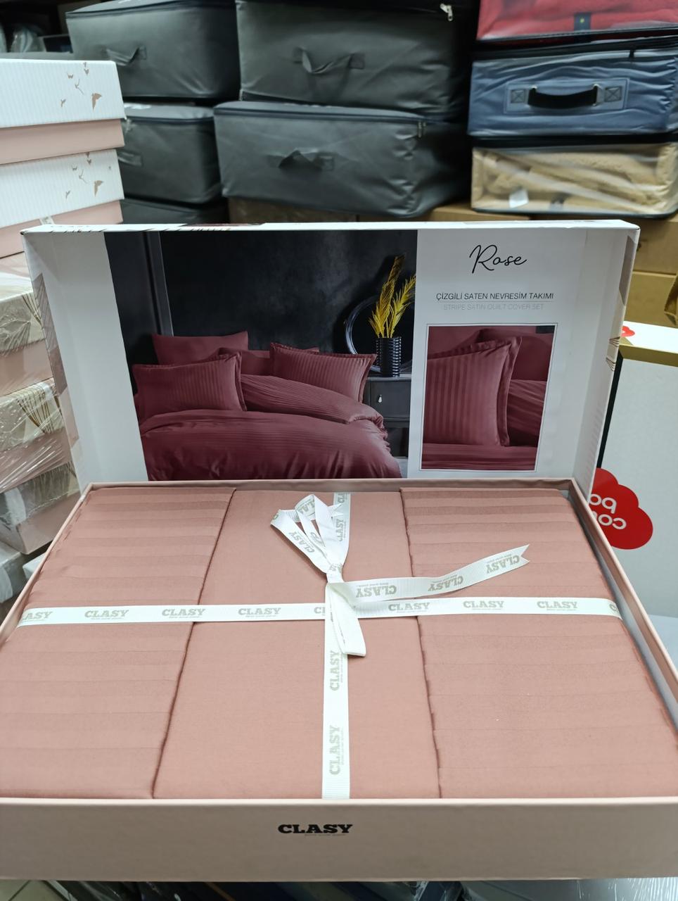 Набір постільної білизни сатин страйп 200 на 220 см Clasy пильна троянда, фото 1