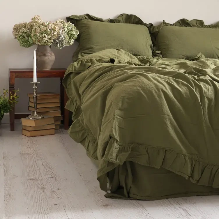 Постільна білизна однотонна з рюшем варена бавовна євро розмір Limasso зелена, фото 1