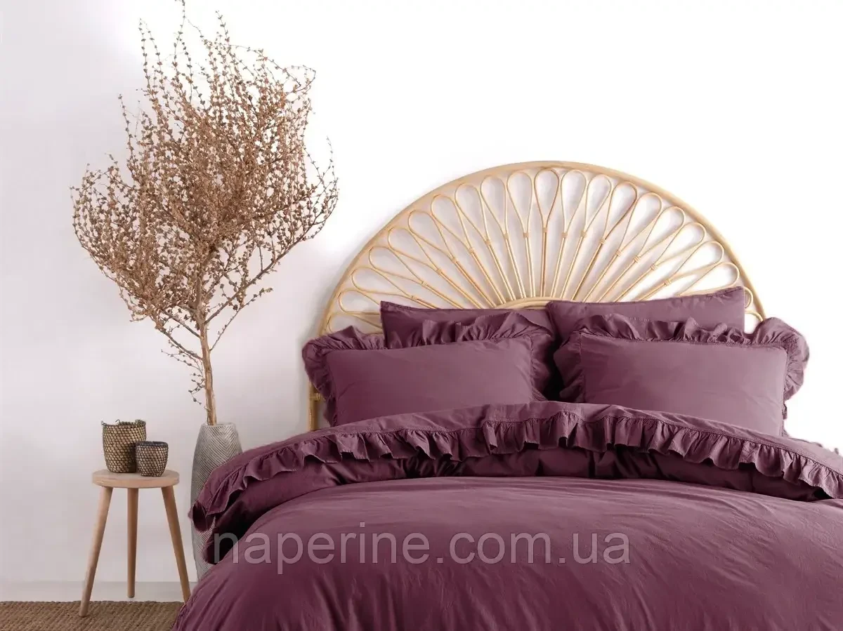 Постільна білизна однотонна з рюшем варена бавовна євро розмір Limasso фіолетова, фото 1