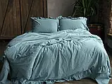 Постільна білизна однотонна з рюшем варена бавовна євро розмір Limasso блакитна, фото 3