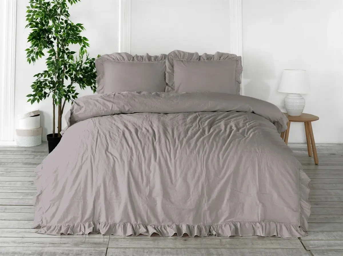 Постільна білизна однотонна з рюшем варена бавовна євро розмір Limasso сіра, фото 1