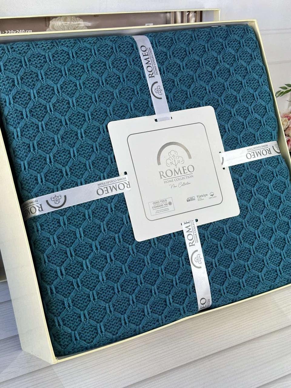 Плед в"язаний євро розмір 220 на 240 см Romeo Home Zeynep синій, фото 1