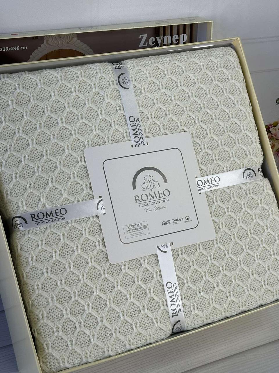 Плед в"язаний євро розмір 220 на 240 см Romeo Home Zeynep кремовий, фото 1