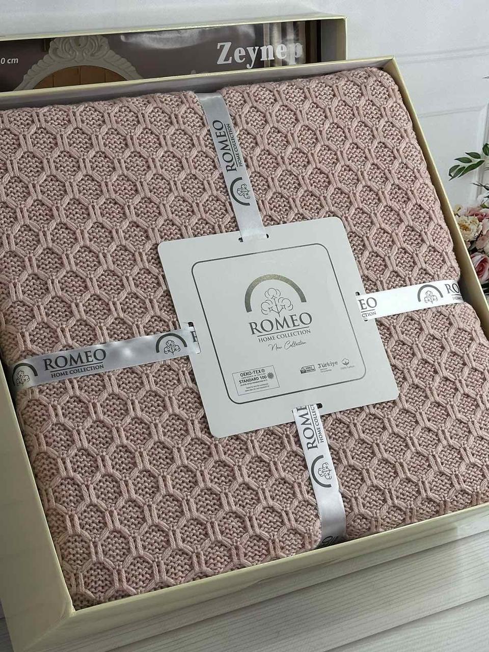 Плед в"язаний євро розмір 220 на 240 см Romeo Home Zeynep пудровий, фото 1