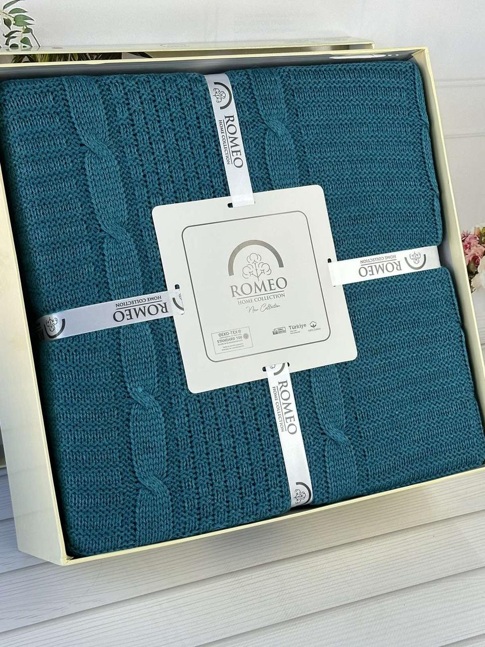 Плед в"язаний євро розмір 220 на 240 см Romeo Home Erguvan синій, фото 1