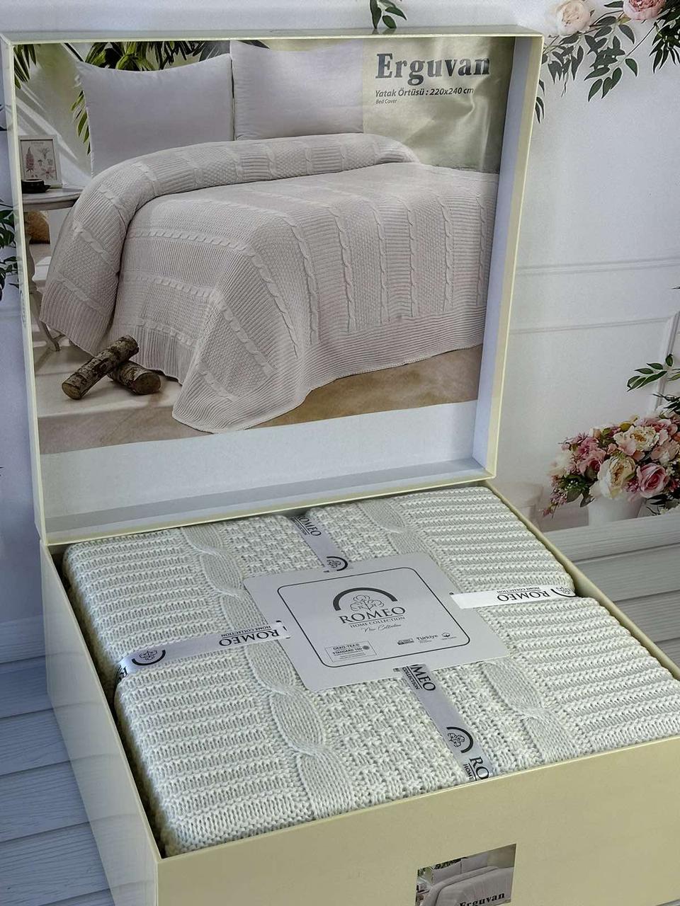 Плед в"язаний євро розмір 220 на 240 см Romeo Home Erguvan кремовий, фото 1